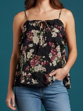 NWT entro Black Floral Ruffle Camisole with Pink & Cream Blooms Size M